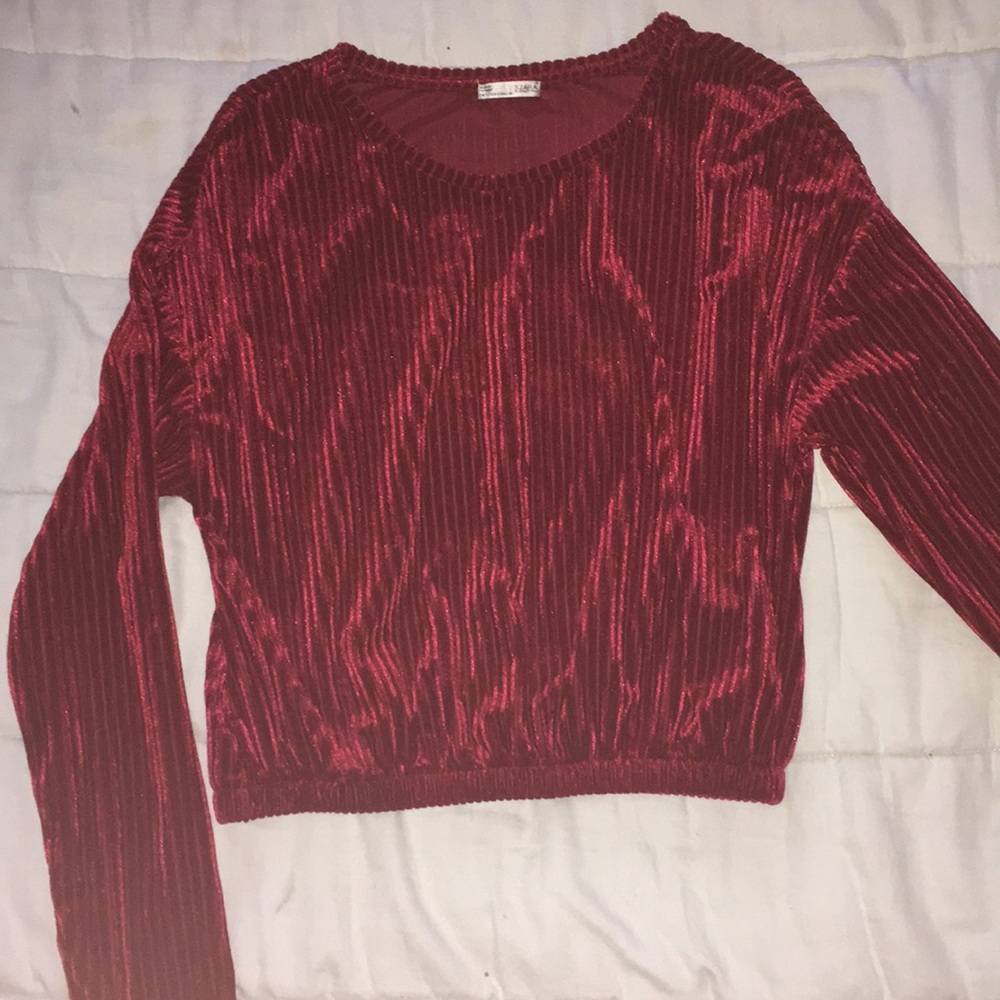 Zara red velvet long sleeve crop top